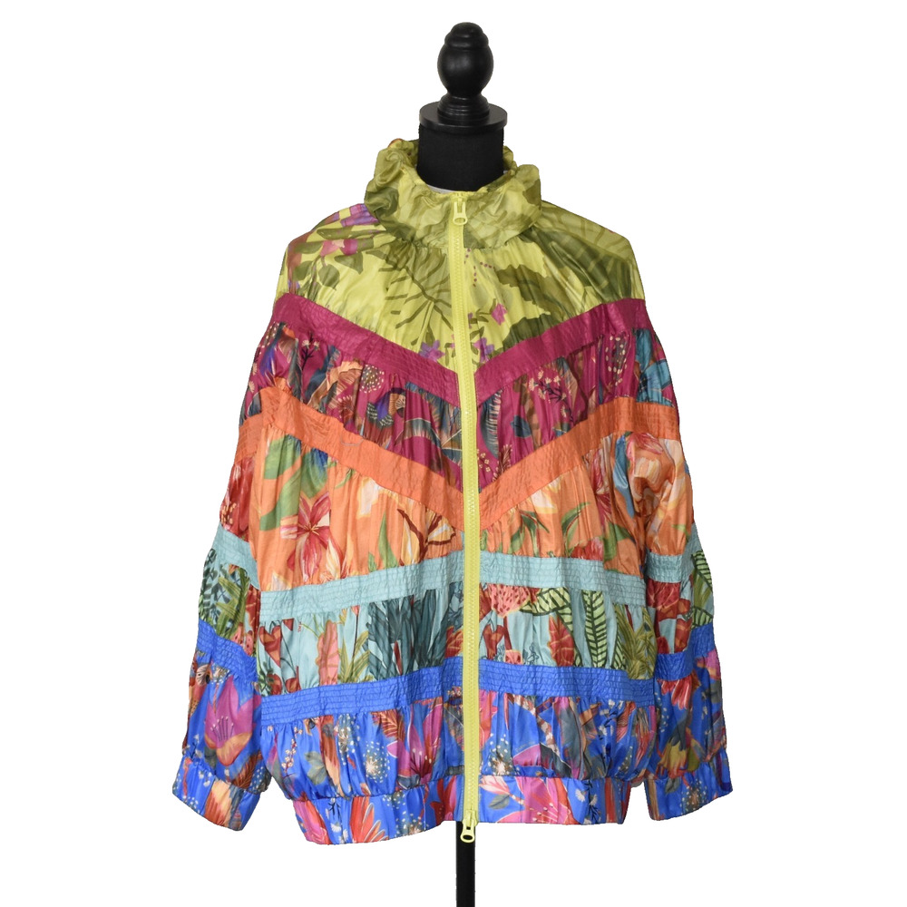 B2 NWOT FARM RIO Multicolor Patchwork Print Ruffled Windbreaker Jacket Size L - Picture 2 of 8